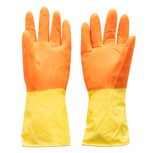 Rubber Gloves - 100g - Reusable Waterproof Non-Slip Textured Grip Multi-Purpose Use Household Gloves for Kitchen, Dishwashing, Toilet and General Cleaning (X-Large, Yellow & Orange)