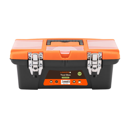 Orange and Black Toolbox with Iron Latches - 13inch Durable Plastic Tool Box, Tool Organizer with Removable Tray, Carrying Handle & Top-Lid Storage for Home Repair DIY, Garage, Workshop Tools