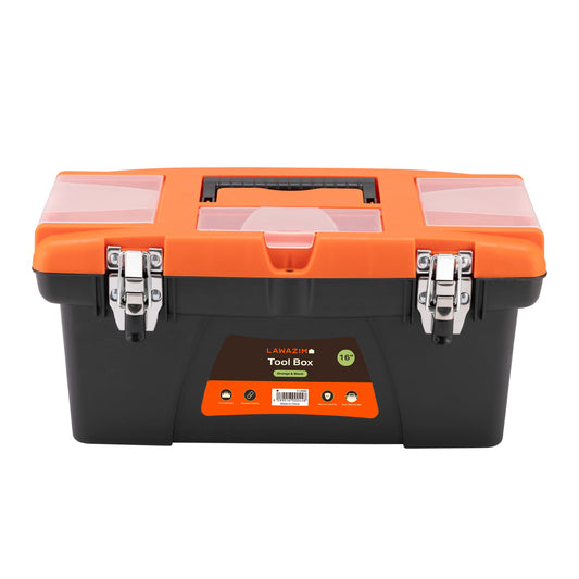 Orange and Black Toolbox with Iron Latches - 16inch Durable Plastic Tool Box, Tool Organizer with Removable Tray, Carrying Handle & Top-Lid Storage for Home Repair DIY, Garage, Workshop Tools