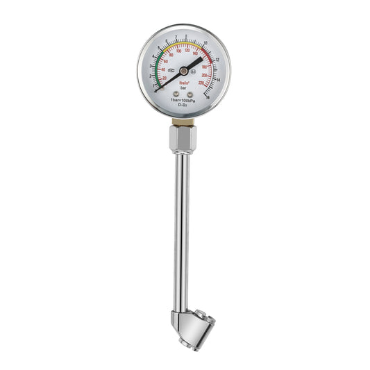 Tire Pressure Gauge - Analog Dial Mechanical Tire Air Pressure Gauge with Dual Head Air Chuck, Accurate Dual Scale 220 PSI / 16 Bar - Ideal for Cars, SUVs, Trucks, Motorcycles & Bicycles
