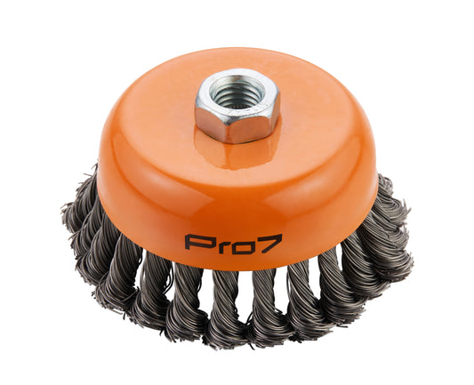 Orange Twist Knot Wire Cup Brush - 125mm - 4-15/16" - 4500 RPM Knotted Wire Brush with Threaded Arbor for Angle Grinders, Heavy Cleaning, Rust, Paint, Scale & Weld Spatter Removal