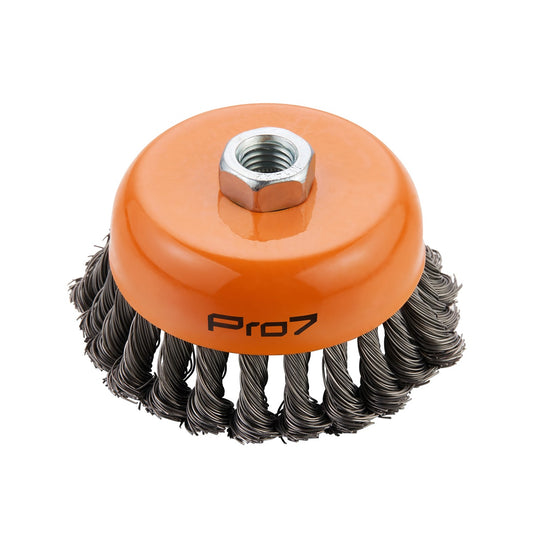 Orange Twist Knot Wire Cup Brush - 100mm - 3-15/16" - 8500 RPM Knotted Wire Brush with Threaded Arbor for Angle Grinders, Heavy Cleaning, Rust, Paint, Scale & Weld Spatter Removal