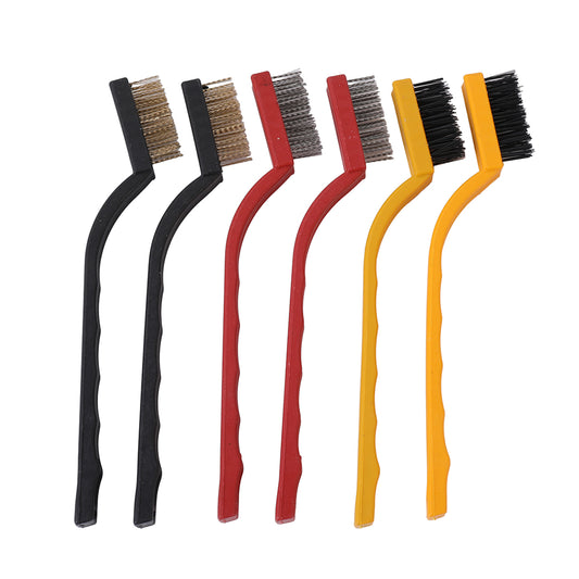 Wire Brush Set -6 Piece- Handheld Cleaning Brush Set with Stainless Steel, Nylon & Iron Brushes, Curved Plastic Handles with Hanging Holes for Household Cleaning, Garage, Workshop & DIY Use