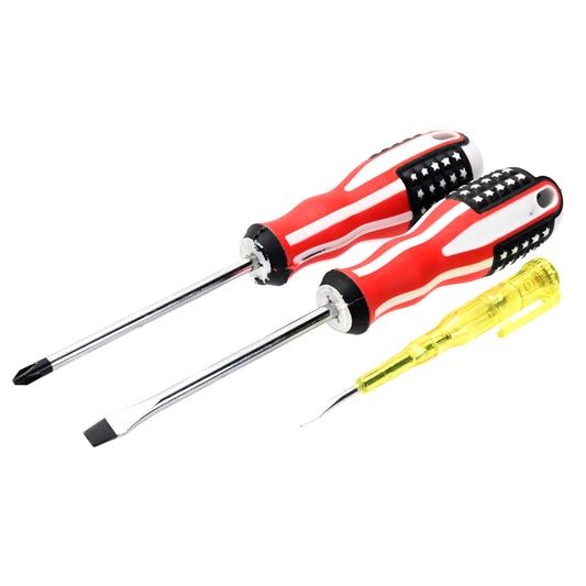 3 Piece Standard Screwdriver Set - Phillips Screwdriver, Flat Head Screwdriver and Electrical Test Screwdriver - Hand Tool Set for Home Repairs, Electronics, DIY Maintenance