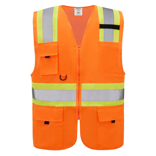 High Visibility Multi-Pocket Safety Vest - EN 471 Hi-Vis Reflective Mesh Work Vest for Men & Women with 5 Pockets, Front Zipper & Breathable Fabric for Construction & Roadwork - Orange