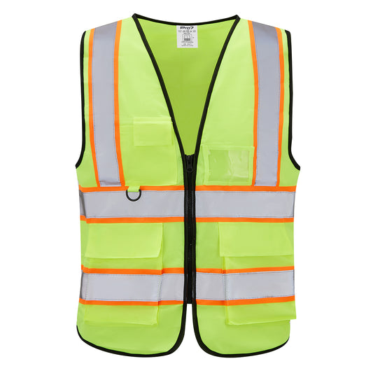 Multi-Pocket Safety Vest with Two Reflective Strips - EN 471 Hi-Vis Mesh Work Vest for Men & Women, 5 Pockets, Front Zipper & Breathable Fabric for Construction & Roadwork - Yellow