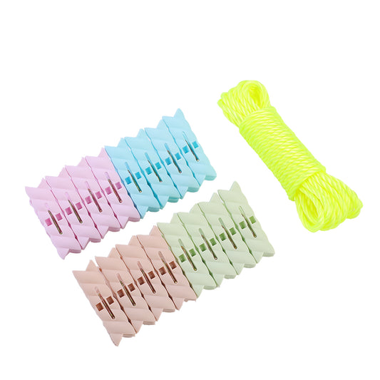 16 Piece Clips Set with Rope - 5mmx5m - for Laundry, Drying, Storage, and Travel Use