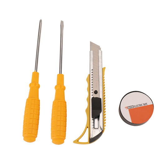 4-Piece Tool Set with Electric Tape - Phillips & Flathead Screwdrivers, Utility Knife and Electrical Tape for Home Repair, Electronics, Packaging, Maintenance and DIY Tasks