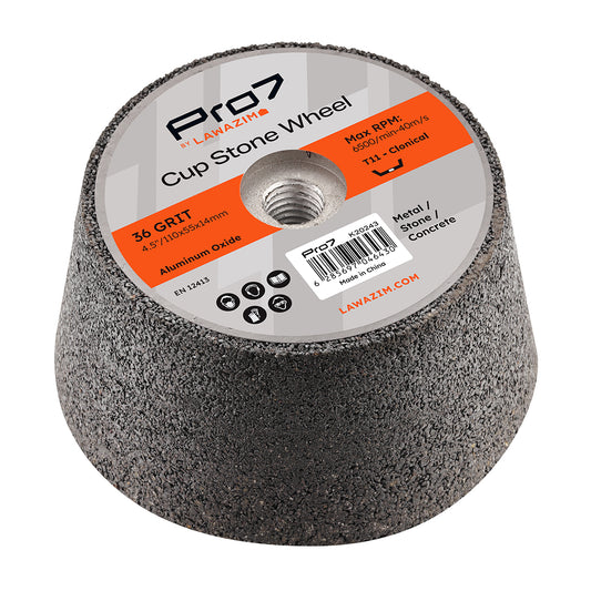 Cup Stone 36 Grit 4.5 Inch - Aluminum Oxide Grinding Stone Wheel with T11 Conical Shape and High Efficiency - for Metal, Stone, Concrete, Rust Removal, Deburring, and Surface Finishing