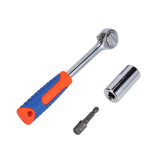 3-Piece Ratchet Wrench Set - 3/8inch Drive with Cr-V Socket, Comfortable Grip and Socket Adapter for Automotive, Mechanical and Home Repair
