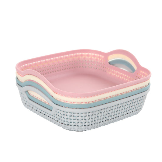 4-Piece Multicolour Rectangular Plastic Food Storage Basket Set - 20.5x19.5x4.5cm Organizer Trays with Side Handles - Ideal for Snacks, Fruits and Household Storage
