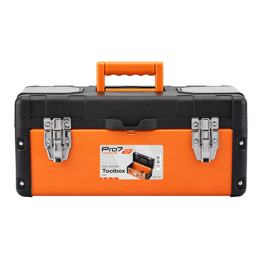 Tool Box with Iron Latches - 17inch - Durable and Portable Toolbox with Removable Tray, Top Storage Compartments,and Handle - for Garage, Workshop, Household, and Professional Use