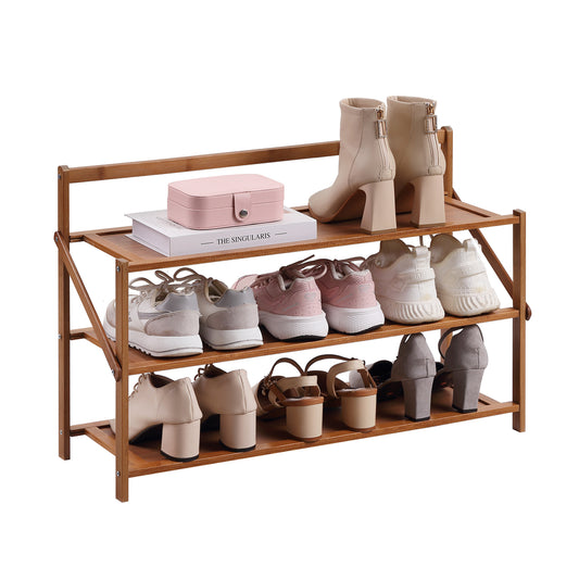 Foldable Wooden Shoe Rack - 3 Layers - Collapsible Shoe Rack for Entryway, Closet, Bedroom, and Garage Organization