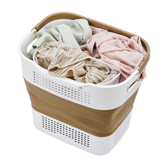 Lawazim Flexible Laundry Basket - 41x32x(12-35) cm Brown – Foldable Plastic Laundry Hamper with Handles, Rubber Center, and Ventilated Structure - Ideal for Clothes and Household Organization