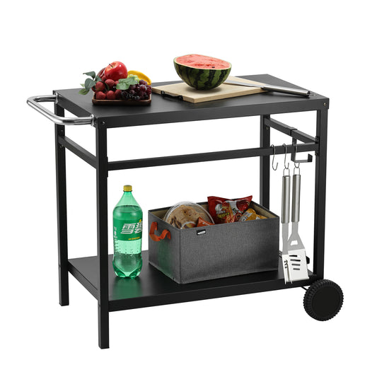 Dining Cart Table with Double Shelf, Hooks, Side Handle - Multifunctional 2-Tier Gourmet Dining Cart for Outdoor, and Camping Use