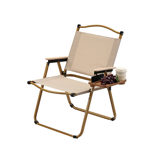 Folding Aluminum Picnic Chair with Cup Holder - Portable Camping Chair for Hiking, Travel, Patio - Khaki