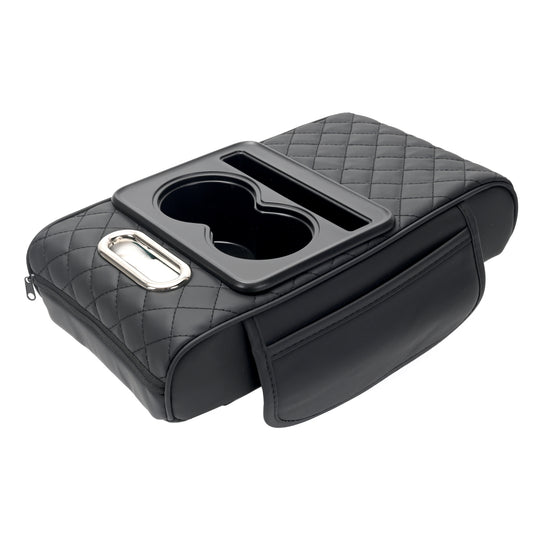 Car Armrest Organizer with Cup Holders - Quilted Leather Center Console Organizer with Tissue Box Opening, Side Pockets & Phone Holder - Ideal for Cars, SUVs and Daily Driving and Road Trips