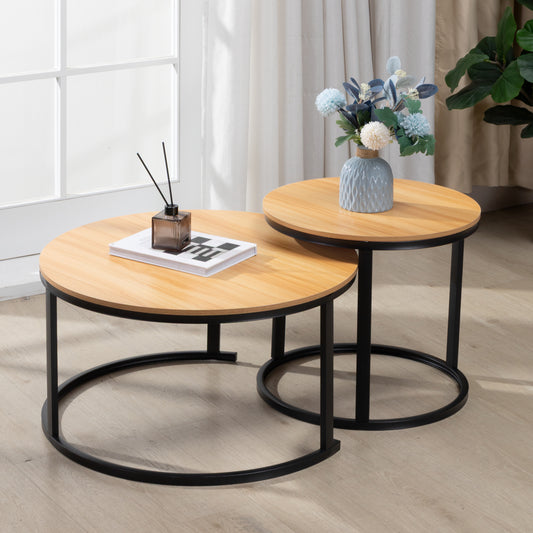 2Piece Tea Table Set - Mid Century Modern Round MDF Wood Nesting Coffee End Tables with Iron Frame, Stacking Side Tables for Small Spaces, Nightstand for Living Room Bedroom Balcony