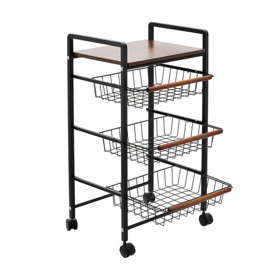 Three Layers Rolling Storage Rack - 40x28.5x69.5cm, 3-Tier Mobile Kitchen Utility Cart with Pull-Out Wire Baskets, Wooden Top & Wheels for Fruit Vegetables Pantry Bathroom