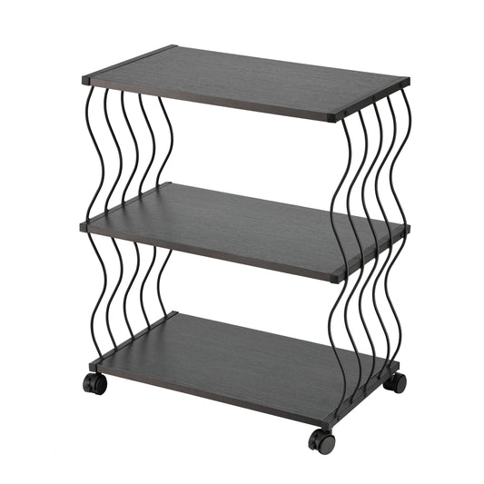 Three Layers Rolling Side Table - 55x30x63cm, Modern 3-Tier Side Tables with Wavy Design, Iron Frame, MDF Shelves & 4 Wheels, Storage Organizer for Living Room, Bedroom & Office
