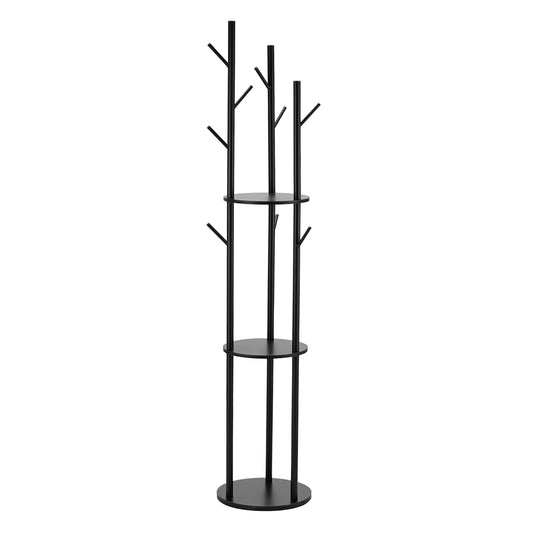 Clothes Hanger With Rack - 35x35x165cm, Freestanding Coat Tree with 9 Hooks, Modern Rack Stand with 3 Storage Shelves, Iron & MDF for Entryway, Hallway, Bedroom & Living Room