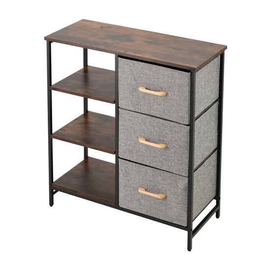 3-Drawer Storage Cabinet with Open Shelves - 73x30x83cm - MDF Wood Organizer Printer Stand with 3 Removable Grey Fabric Bins, Pull Handles, Sturdy Iron Frame for Bedroom, Living Room, Entryway
